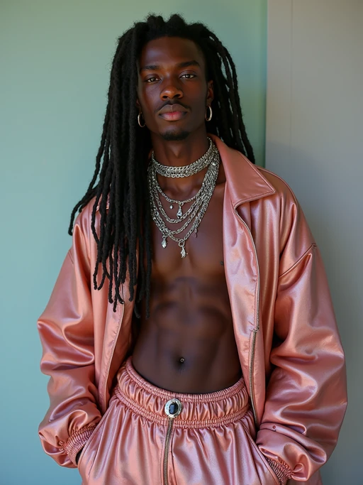model wearing Y2K aesthetic, 2000s fashion, aughts style, noughties style, grunge or 2000s style, oversized washed out style, baggy pants, low rise pants or cargo pants, crop top, Choker, Metallic, iridescent fabrics, posing for photo