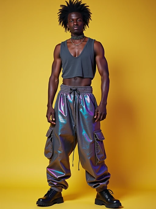 model wearing Y2K aesthetic, 2000s fashion, aughts style, noughties style, grunge or 2000s style, oversized washed out style, baggy pants, low rise pants or cargo pants, crop top, Choker, Metallic, iridescent fabrics, posing for photo