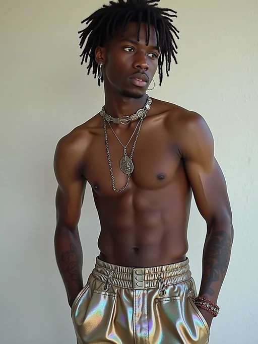 model wearing Y2K aesthetic, 2000s fashion, aughts style, noughties style, grunge or 2000s style, oversized washed out style, baggy pants, low rise pants or cargo pants, crop top, Choker, Metallic, iridescent fabrics, posing for photo