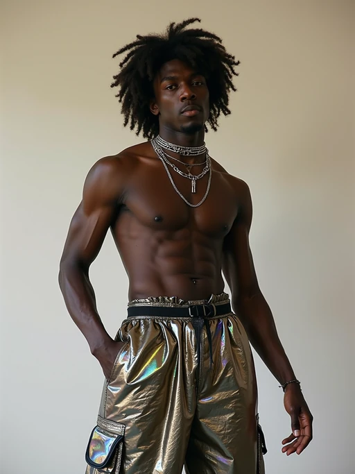 model wearing Y2K aesthetic, 2000s fashion, aughts style, noughties style, grunge or 2000s style, oversized washed out style, baggy pants, low rise pants or cargo pants, crop top, Choker, Metallic, iridescent fabrics, posing for photo