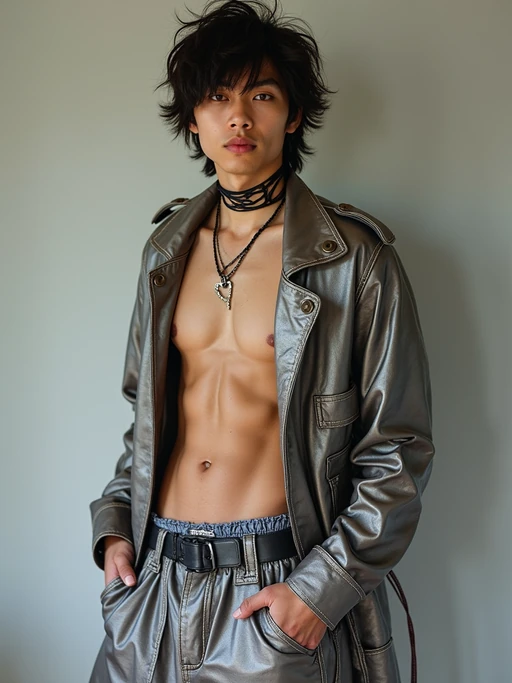 model wearing Y2K aesthetic, 2000s fashion, aughts style, noughties style, grunge or 2000s style, oversized washed out style, baggy pants, low rise pants or cargo pants, crop top, Choker, Metallic, iridescent fabrics, posing for photo
