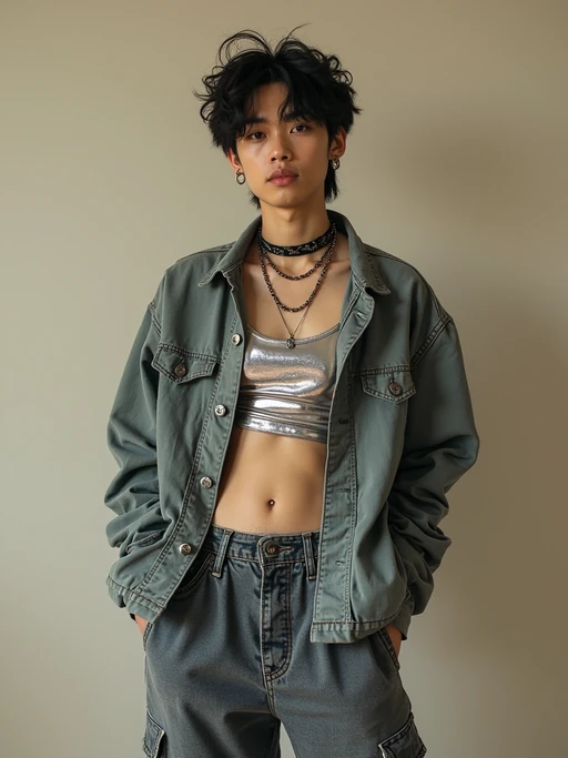 model wearing Y2K aesthetic, 2000s fashion, aughts style, noughties style, grunge or 2000s style, oversized washed out style, baggy pants, low rise pants or cargo pants, crop top, Choker, Metallic, iridescent fabrics, posing for photo