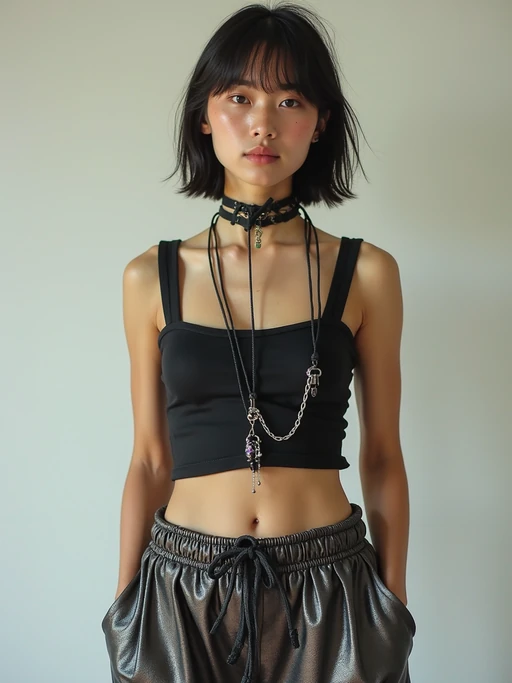 model wearing Y2K aesthetic, 2000s fashion, aughts style, noughties style, grunge or 2000s style, oversized washed out style, baggy pants, low rise pants or cargo pants, crop top, Choker, Metallic, iridescent fabrics, posing for photo
