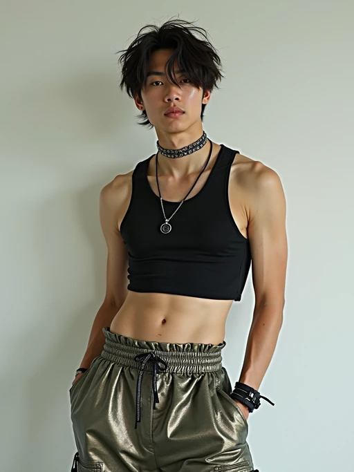 model wearing Y2K aesthetic, 2000s fashion, aughts style, noughties style, grunge or 2000s style, oversized washed out style, baggy pants, low rise pants or cargo pants, crop top, Choker, Metallic, iridescent fabrics, posing for photo