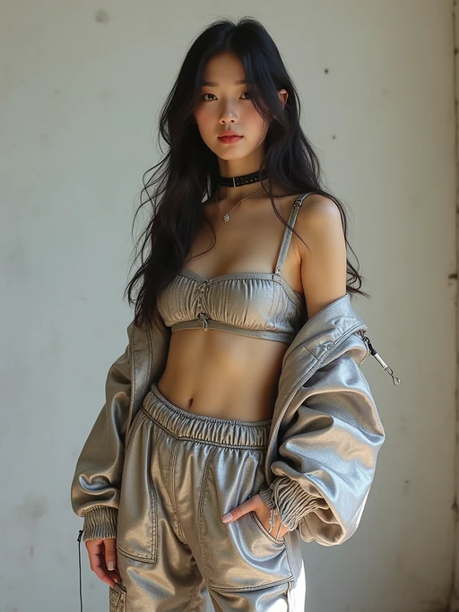 model wearing Y2K aesthetic, 2000s fashion, aughts style, noughties style, grunge or 2000s style, oversized washed out style, baggy pants, low rise pants or cargo pants, crop top, Choker, Metallic, iridescent fabrics, posing for photo