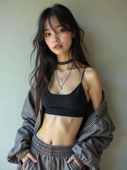model wearing Y2K aesthetic, 2000s fashion, aughts style, noughties style, grunge or 2000s style, oversized washed out style, baggy pants, low rise pants or cargo pants, crop top, Choker, Metallic, iridescent fabrics, posing for photo