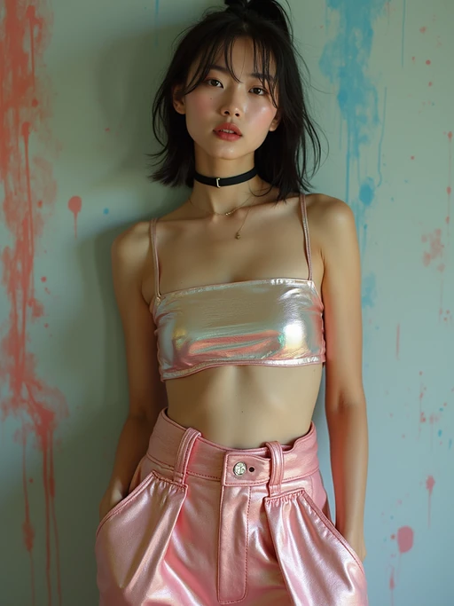 model wearing Y2K aesthetic, 2000s fashion, aughts style, noughties style, grunge or 2000s style, oversized washed out style, baggy pants, low rise pants or cargo pants, crop top, Choker, Metallic, iridescent fabrics, posing for photo