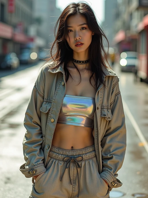 model wearing Y2K aesthetic, 2000s fashion, aughts style, noughties style, grunge or 2000s style, oversized washed out style, baggy pants, low rise pants or cargo pants, crop top, Choker, Metallic, iridescent fabrics, posing for photo