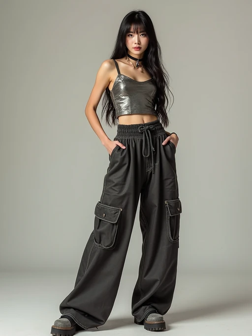 model wearing Y2K aesthetic, 2000s fashion, aughts style, noughties style, grunge or 2000s style, oversized washed out style, baggy pants, low rise pants or cargo pants, crop top, Choker, Metallic, iridescent fabrics, posing for photo
