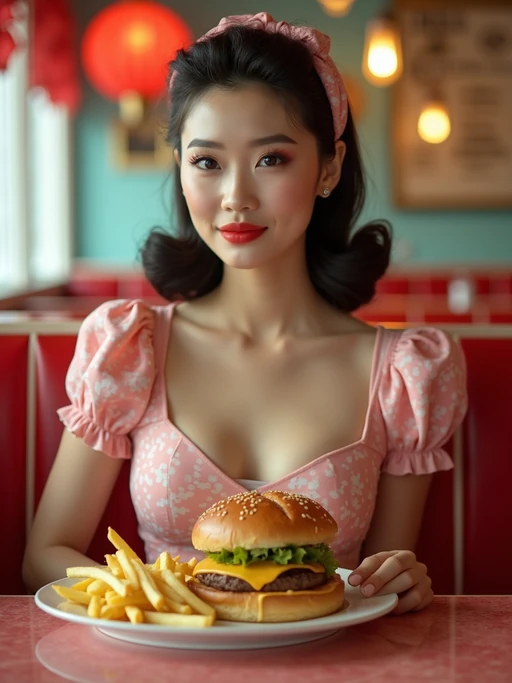 model in retro 1950s diner photo shoot. french fries and one cheeseburger on a plate in front. if(gender=m){model wearing varsity bomber} if(gender=f){model wearing 1950s pin up dress and 1950s hair tie}