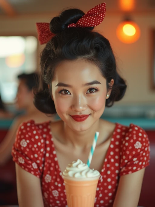 model in retro 1950s diner photo shoot. one milkshake in front. if(gender=m){model wearing varsity bomber} if(gender=f){model wearing 1950s pin up dress and 1950s hair tie}