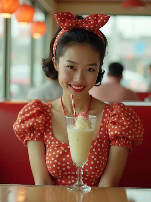 model in retro 1950s diner photo shoot. one milkshake in front. if(gender=m){model wearing varsity bomber} if(gender=f){model wearing 1950s pin up dress and 1950s hair tie}