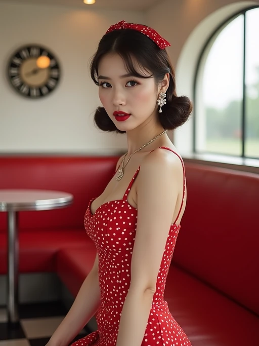 model in retro 1950s diner photo shoot. posing in front of red 1950s barstools. if(gender=m){model wearing varsity bomber} if(gender=f){model wearing 1950s pin up dress and 1950s red hair tie}. white interior with red seats and black and white flooring.