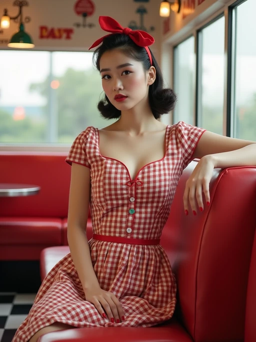model in retro 1950s diner photo shoot. posing in front of red 1950s barstools. if(gender=m){model wearing varsity bomber} if(gender=f){model wearing 1950s pin up dress and 1950s red hair tie}. white interior with red seats and black and white flooring.