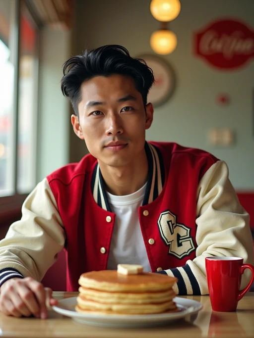 model in retro 1950s diner photo shoot. stack of pancakes and one coffee mug in front. if(gender=m){model wearing varsity bomber} if(gender=f){model wearing 1950s pin up dress and 1950s hair tie}