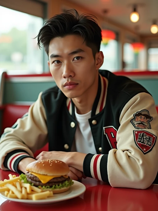 model in retro 1950s diner photo shoot. french fries and one cheeseburger on a plate in front. if(gender=m){model wearing varsity bomber} if(gender=f){model wearing 1950s pin up dress and 1950s hair tie}