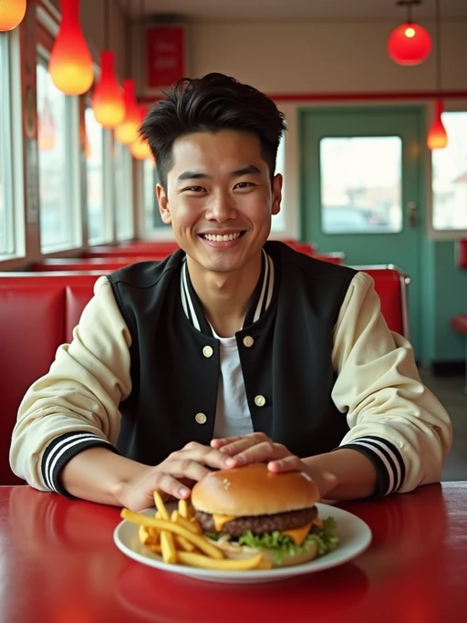 model in retro 1950s diner photo shoot. french fries and one cheeseburger on a plate in front. if(gender=m){model wearing varsity bomber} if(gender=f){model wearing 1950s pin up dress and 1950s hair tie}