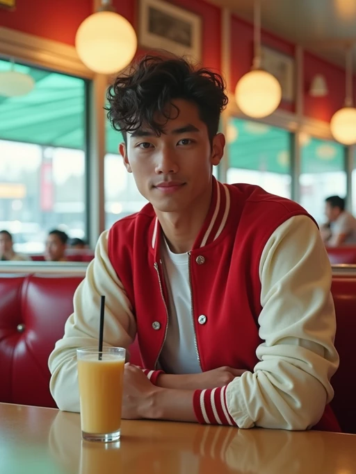 model in retro 1950s diner photo shoot. one milkshake in front. if(gender=m){model wearing varsity bomber} if(gender=f){model wearing 1950s pin up dress and 1950s hair tie}