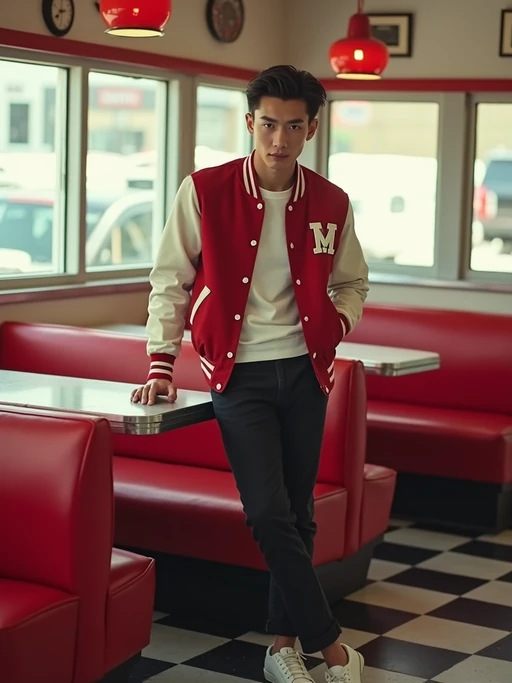 model in retro 1950s diner photo shoot. posing in front of red 1950s barstools. if(gender=m){model wearing varsity bomber} if(gender=f){model wearing 1950s pin up dress and 1950s red hair tie}. white interior with red seats and black and white flooring.