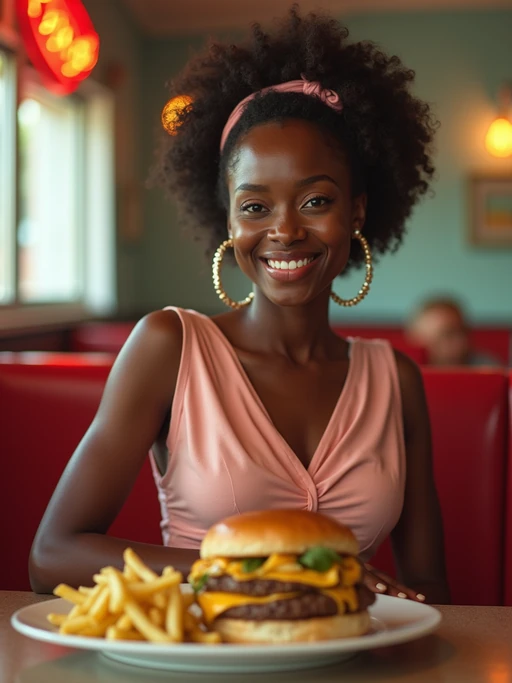 model in retro 1950s diner photo shoot. french fries and one cheeseburger on a plate in front. if(gender=m){model wearing varsity bomber} if(gender=f){model wearing 1950s pin up dress and 1950s hair tie}