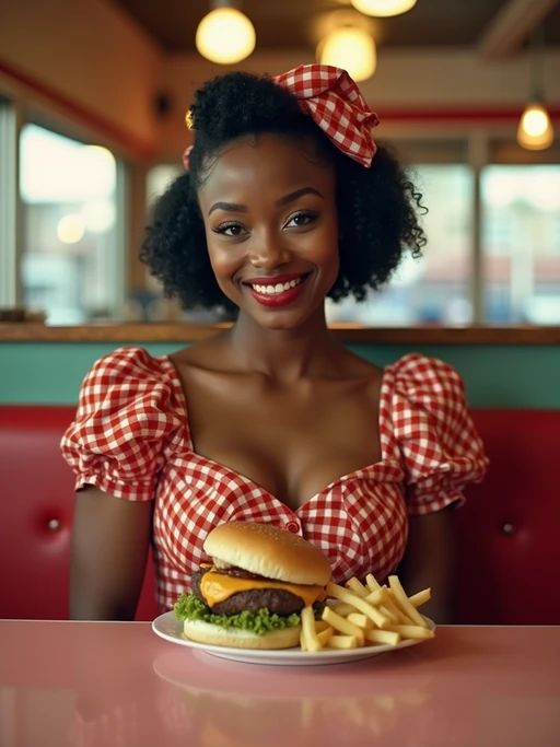model in retro 1950s diner photo shoot. french fries and one cheeseburger on a plate in front. if(gender=m){model wearing varsity bomber} if(gender=f){model wearing 1950s pin up dress and 1950s hair tie}
