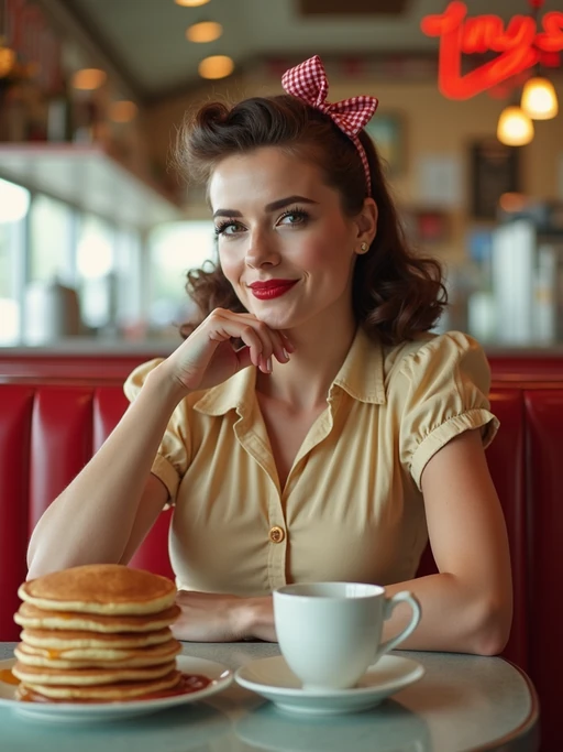 model in retro 1950s diner photo shoot. stack of pancakes and one coffee mug in front. if(gender=m){model wearing varsity bomber} if(gender=f){model wearing 1950s pin up dress and 1950s hair tie}