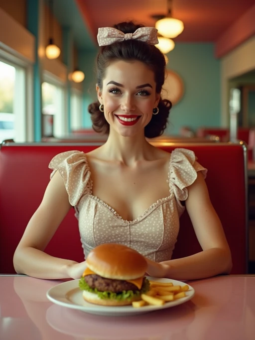 model in retro 1950s diner photo shoot. french fries and one cheeseburger on a plate in front. if(gender=m){model wearing varsity bomber} if(gender=f){model wearing 1950s pin up dress and 1950s hair tie}