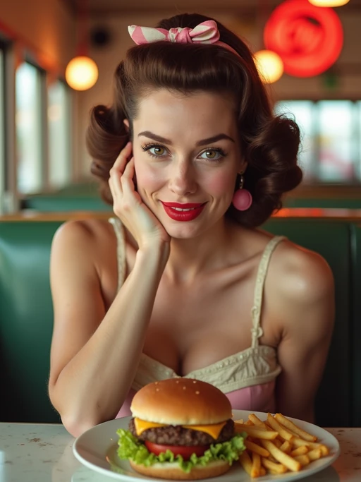 model in retro 1950s diner photo shoot. french fries and one cheeseburger on a plate in front. if(gender=m){model wearing varsity bomber} if(gender=f){model wearing 1950s pin up dress and 1950s hair tie}