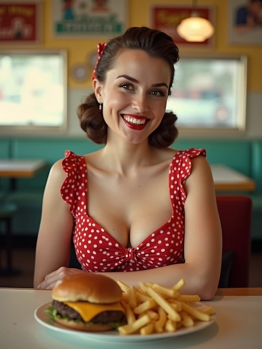 model in retro 1950s diner photo shoot. french fries and one cheeseburger on a plate in front. if(gender=m){model wearing varsity bomber} if(gender=f){model wearing 1950s pin up dress and 1950s hair tie}