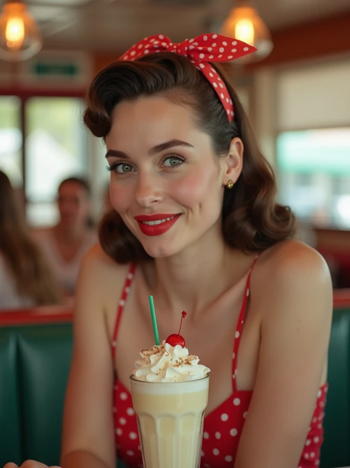 model in retro 1950s diner photo shoot. one milkshake in front. if(gender=m){model wearing varsity bomber} if(gender=f){model wearing 1950s pin up dress and 1950s hair tie}
