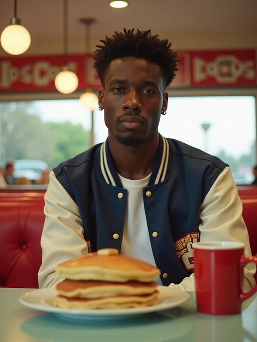 model in retro 1950s diner photo shoot. stack of pancakes and one coffee mug in front. if(gender=m){model wearing varsity bomber} if(gender=f){model wearing 1950s pin up dress and 1950s hair tie}