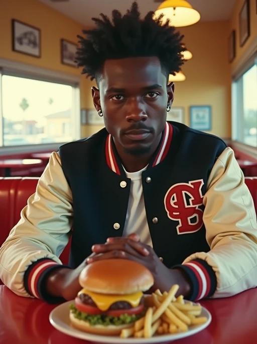 model in retro 1950s diner photo shoot. french fries and one cheeseburger on a plate in front. if(gender=m){model wearing varsity bomber} if(gender=f){model wearing 1950s pin up dress and 1950s hair tie}