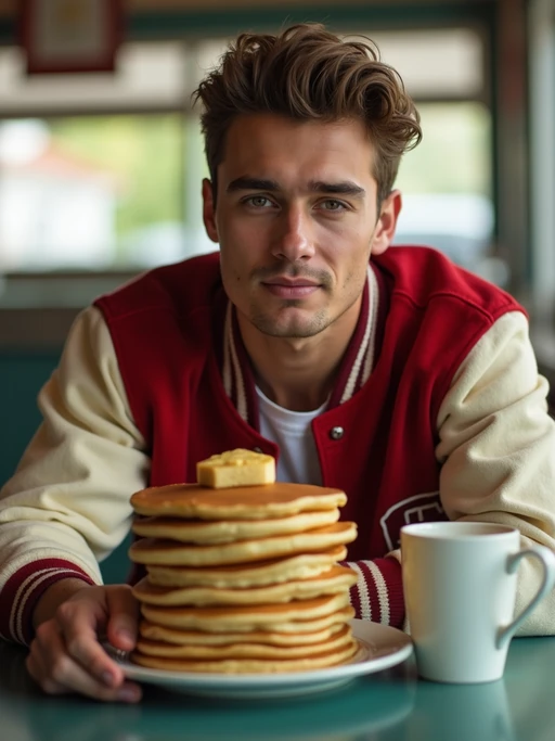 model in retro 1950s diner photo shoot. stack of pancakes and one coffee mug in front. if(gender=m){model wearing varsity bomber} if(gender=f){model wearing 1950s pin up dress and 1950s hair tie}