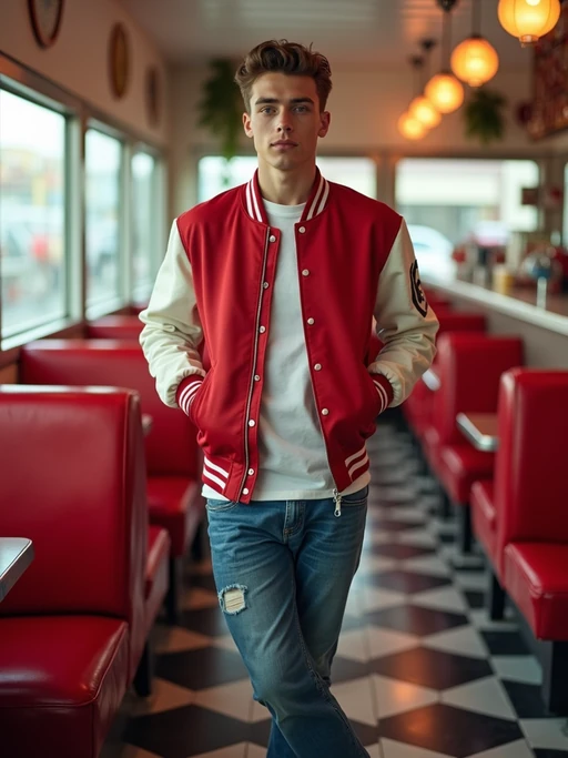 model in retro 1950s diner photo shoot. posing in front of red 1950s barstools. if(gender=m){model wearing varsity bomber} if(gender=f){model wearing 1950s pin up dress and 1950s red hair tie}. white interior with red seats and black and white flooring.