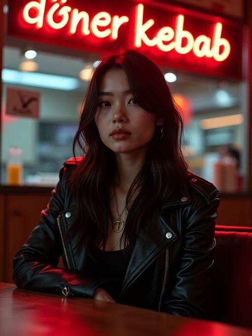 model sitting at an indoor Doner Kebab Takeaway Restaurant at night. the model wears black leather jacket. neon light say "döner kebab" in caps.