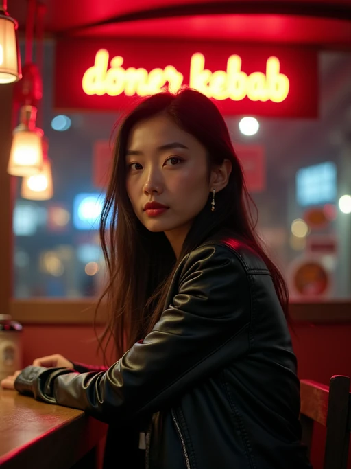 model sitting at an indoor Doner Kebab Takeaway Restaurant at night. the model wears black leather jacket. neon light say "döner kebab" in caps.