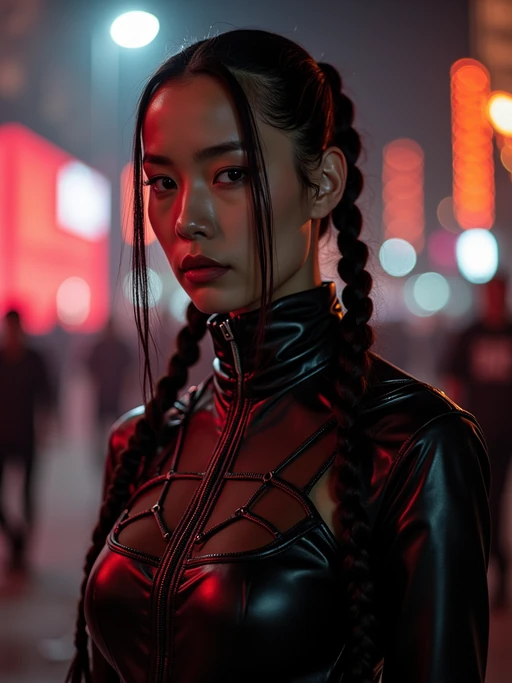 model outside techno party outside berghain night club in berlin at night. the model wears if(gender=f){black sheer leather dress with a lot of cut outs, futuristic techno design. clean cuts. hair in futuristic braids.} if(gender=m){full leather outfit, futuristic techno design}