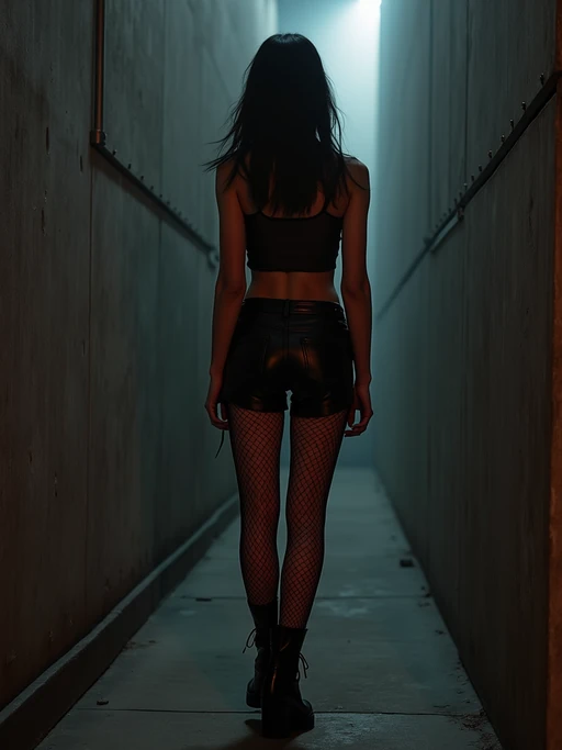 model at techno party in berghain night club in berlin. the night club has concrete walls and is very minimalist. at night. the model wears a if(gender=f){black sheer top, black leather shorts, black mesh fishnet stockings. and black boots.} if(gender=m){black sheer top, black jeans, white sneakers}