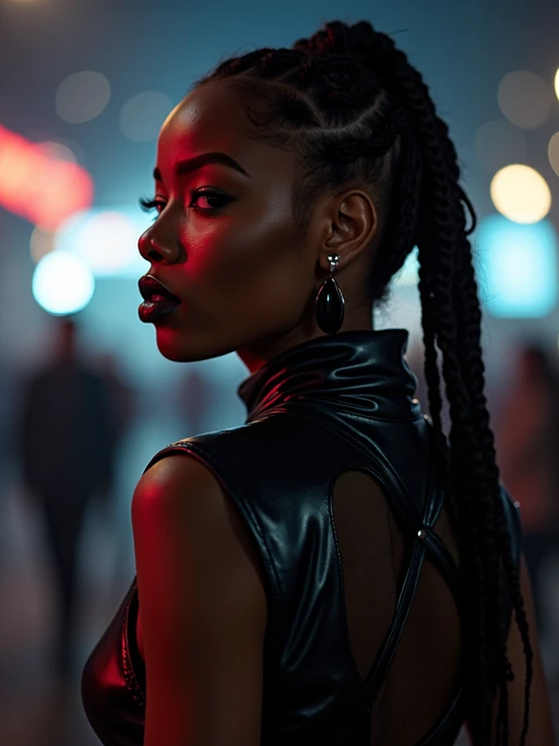model outside techno party outside berghain night club in berlin at night. the model wears if(gender=f){black sheer leather dress with a lot of cut outs, futuristic techno design. clean cuts. hair in futuristic braids.} if(gender=m){full leather outfit, futuristic techno design}