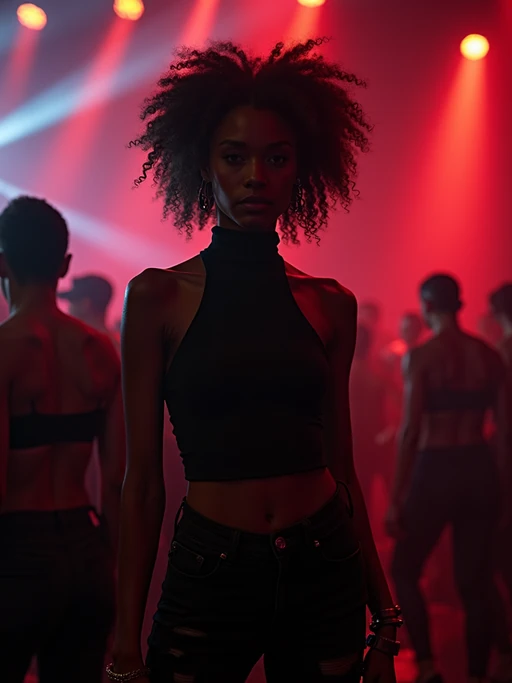 model at techno party in berghain night club in berlin. at night. the model wears a black high neck tanktop. and ripped black jeans.