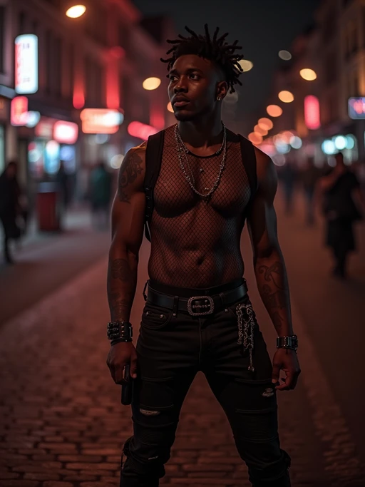 model outside techno party outside berghain night club in berlin at night. the model wears fishnet top, if(gender=f){black bra underneath, black leather skirt, } if(gender=m){ black jeans } fishnet stockings, black boots. garter straps, bdsm harness, garter  belts