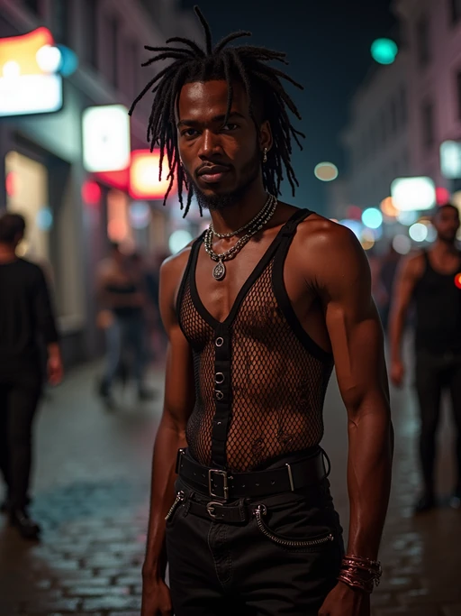model outside techno party outside berghain night club in berlin at night. the model wears fishnet top, if(gender=f){black bra underneath, black leather skirt, } if(gender=m){ black jeans } fishnet stockings, black boots. garter straps, bdsm harness, garter  belts