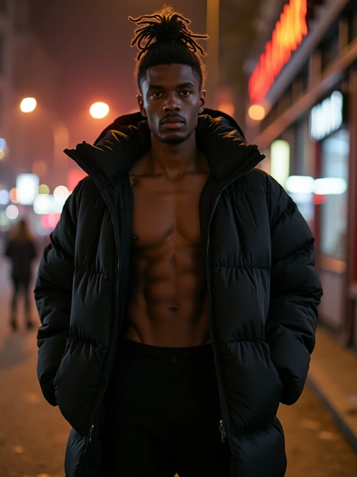 model, wearing oversized black puffer coat outside night club in berlin at night. if(gender=f){underneath puffer coat she wears black swimsuit or bodysuit with garter straps, garter belts, bdsm harness, metal chains, braided knots hairstyle} if(gender=m){underneath puffer coat he is shirtless and wears black shorts, hair in a knot}