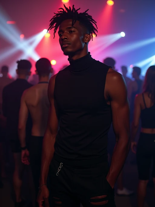 model at techno party in berghain night club in berlin. at night. the model wears a black high neck tanktop. and ripped black jeans.