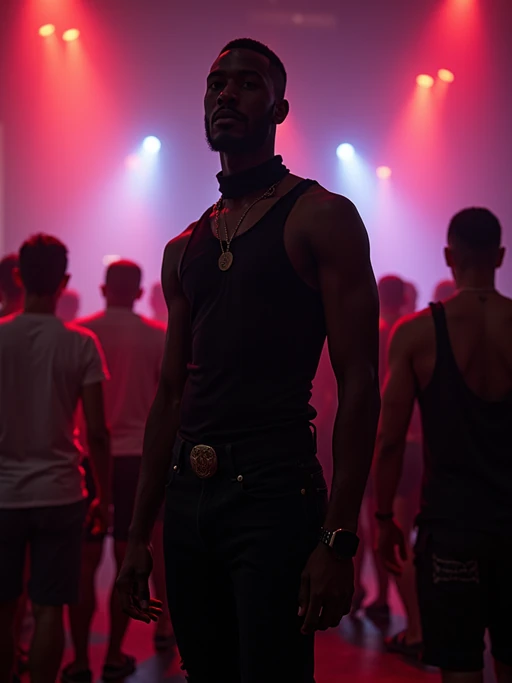 model at techno party in berghain night club in berlin. at night. the model wears a black high neck tanktop. and ripped black jeans.