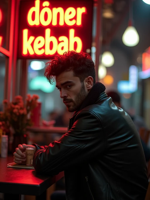 model sitting at an indoor Doner Kebab Takeaway Restaurant at night. the model wears black leather jacket. neon light say "döner kebab" in caps.