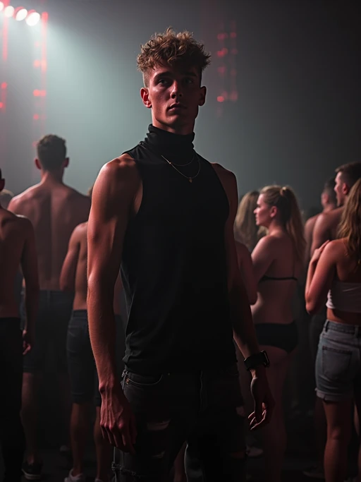 model at techno party in berghain night club in berlin. at night. the model wears a black high neck tanktop. and ripped black jeans.