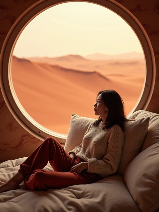 model relaxing in a Mars habitat lounge area. Mars red dunes is visible in big windows. if(gender=f){model wears a comfy sweater and joggers.} if(gender=m){model wears a casual t-shirt and sweatpants.}