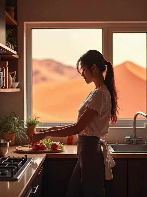 model inside in an indoor kitchen preparing food with Mars red dunes in the big windows. if(gender=f){model wears a simple t-shirt and leggings.} if(gender=m){model wears a relaxed long-sleeve shirt and joggers.}