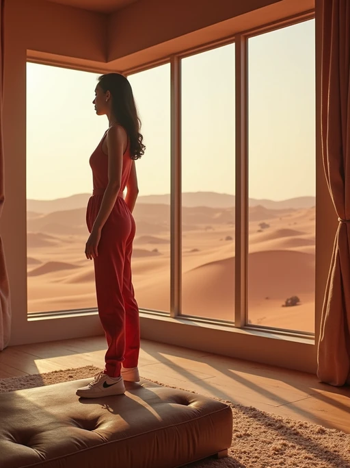 model in a modern living room on Mars with the Mars red dunes visible in the big windows. if(gender=f){model wears a fitted jumpsuit with sneakers.} if(gender=m){model wears a casual hoodie and cargo pants.}
